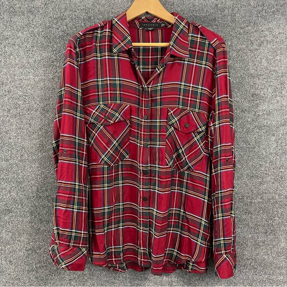 Sanctuary Plaid Boyfriend Shirt Womens Medium Red Snap Front long Sleeve